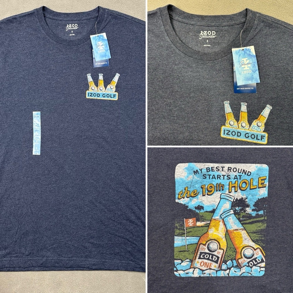 Izod Saltwater Men's Size Small 19th Hole Graphic Tee Cold One Navy Blue‎ NWT